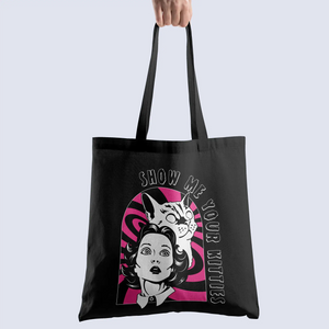 Product image of hand holding black Show Me Your Kitties tote bag