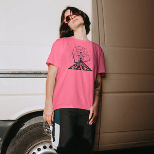 Lifestyle of image female model wearing pink sunglasses and pink Once You Go Cat t-shirt