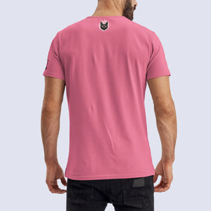 Back shot of male model wearing pink Once You Go Cat t-shirt 