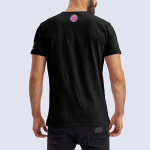 Back shot of male model wearing black Once You Go Cat t-shirt 