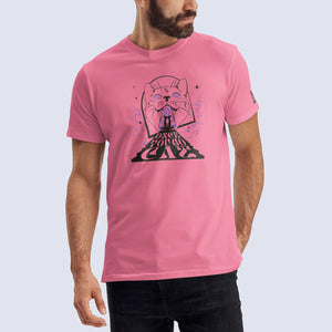 Front shot of male model wearing pink Once You Go Cat t-shirt 