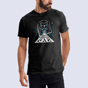 Front shot of male model wearing black Once You Go Cat t-shirt 