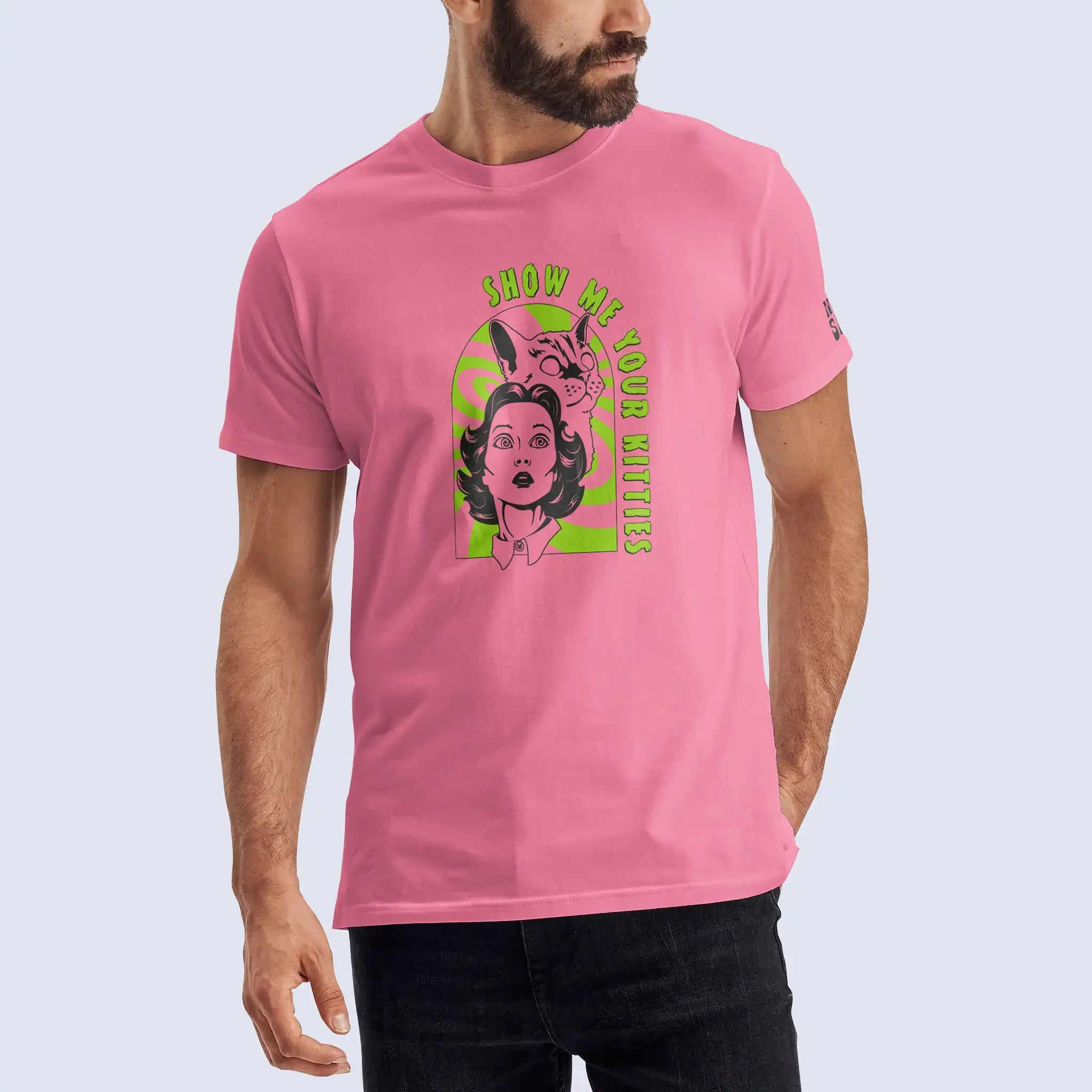 Front shot of male model wearing pink Show Me Your Kitties t-shirt 