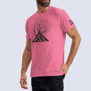 Side angle shot of male model wearing pink Once You Go Cat t-shirt 