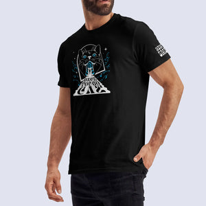 Side angle shot of male model wearing black Once You Go Cat t-shirt 