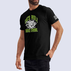 Side shot of male model wearing black Cats Rule, Dogs Drool t-shirt