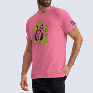 Side shot of male model wearing pink Show Me Your Kitties t-shirt 