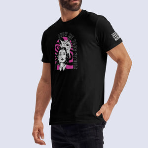 Side angle shot of male model wearing black Show Me Your Kitties t-shirt 